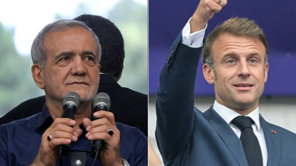 Tổng thống Iran Masoud Pezeshkian (trái) và người đồng cấp Pháp Emmanuel Macron. (Ảnh: AFP)