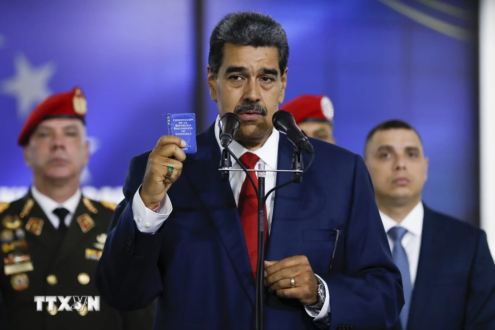 Tổng thống Venezuela Nicolas Maduro trong cuộc họp báo tại Tòa án Công lý Tối cao ở Caracas ngày 2/8/2024. (Ảnh: AA/TTXVN)