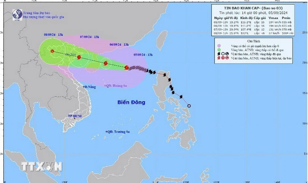 Đường đi của Bão số 3 lúc 13 giờ ngày 5/9/2024. (Ảnh: TTXVN phát)