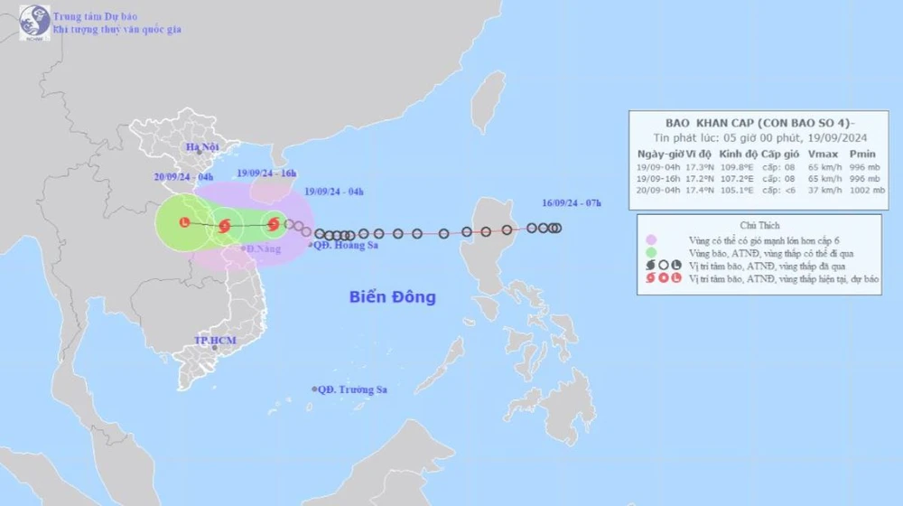 Sáng sớm nay (19/9), áp thấp nhiệt đới trên khu vực phía Đông Bắc quần đảo Hoàng Sa đã mạnh lên thành cơn bão số 4. (Ảnh: Trung tâm khí tượng thủy văn Quốc gia)