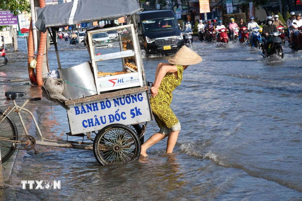 Triều cường gây ngập đường phố tại Cần Thơ. (Ảnh: Thanh Liêm/TTXVN)