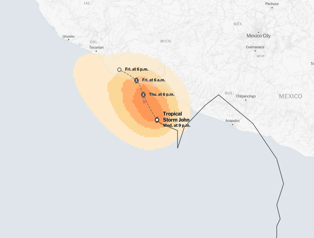 Bão John đổ bộ lần 1 vào Mexico ngày 7/9. (Nguồn: Mapbox)