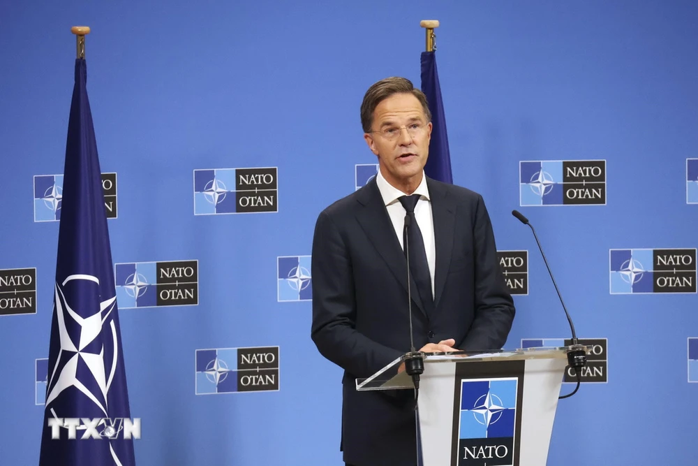 Tổng thư ký NATO Mark Rutte tại cuộc họp báo ở Brussels, Bỉ, ngày 1/10/2024. (Ảnh: Kyodo/TTXVN)