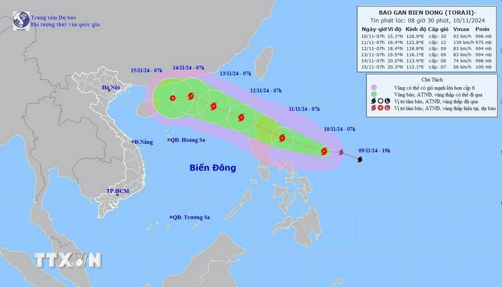 Đường đi của bão số 8, lúc 7 giờ ngày 12/11/2024. (Ảnh: TTXVN phát)