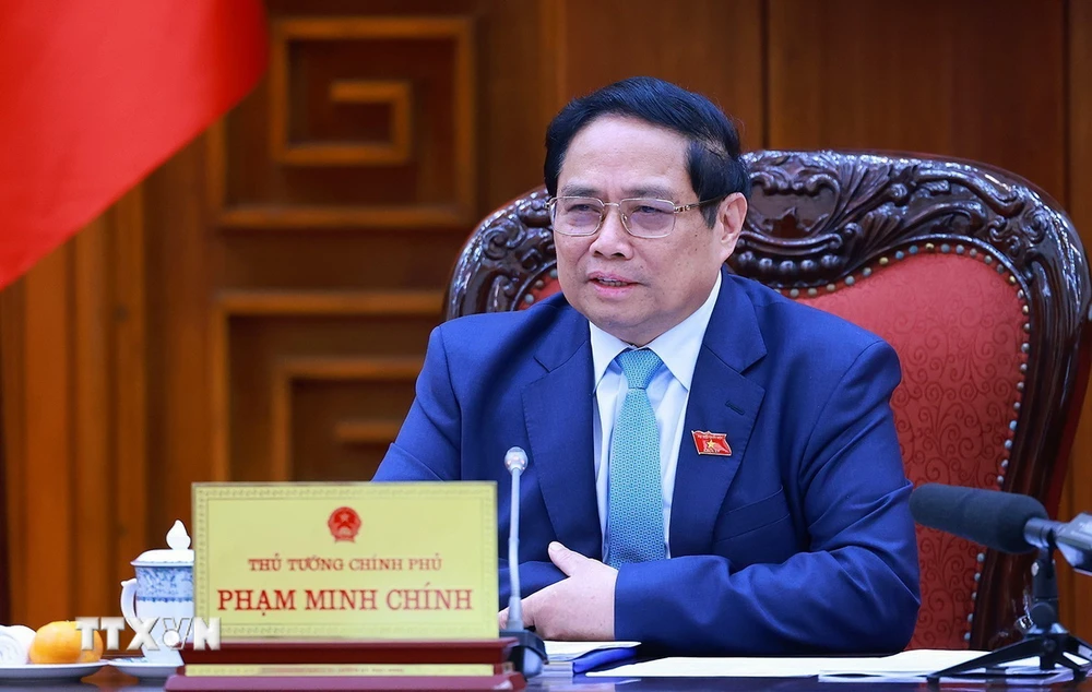 Thủ tướng Phạm Minh Chính chủ trì Phiên họp thứ nhất Ban Chỉ đạo tổng kết thực hiện Nghị quyết số 18-NQ/TW về đổi mới, sắp xếp tổ chức bộ máy. (Ảnh: Dương Giang/TTXVN)