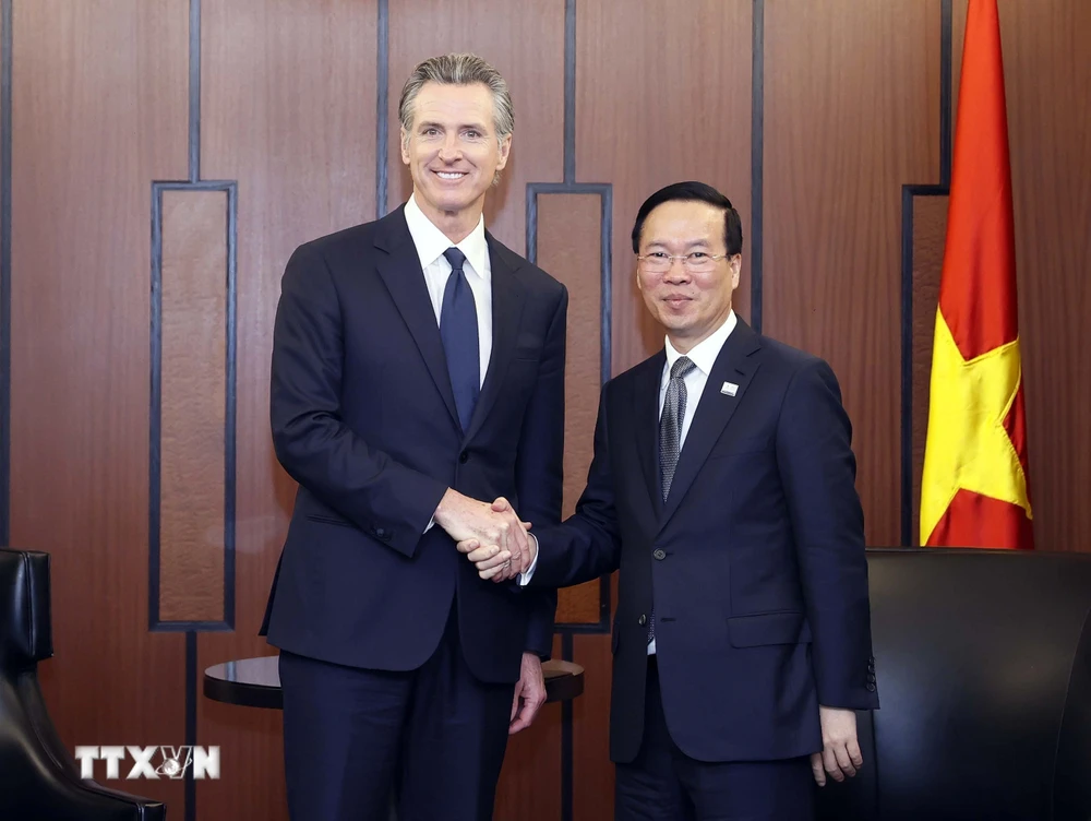 Chủ tịch nước Võ Văn Thưởng tiếp Thống đốc bang California Gavin Newsom. (Ảnh: Thống Nhất/TTXVN) 