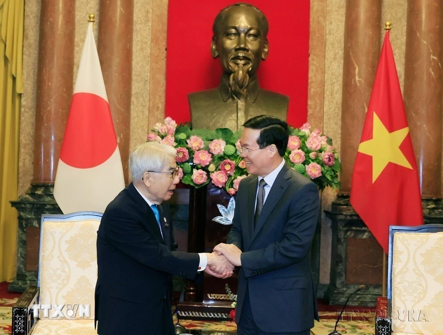 Chủ tịch nước Võ Văn Thưởng tiếp Chủ tịch Thượng viện Nhật Bản Otsuji Hidehisa thăm chính thức Việt Nam (6/9/2023). (Ảnh: Thống Nhất/TTXVN)