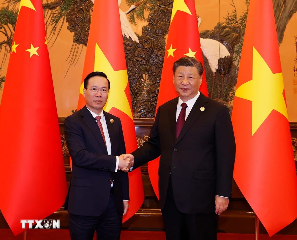 Chủ tịch nước Võ Văn Thưởng hội kiến Tổng Bí thư, Chủ tịch Trung Quốc Tập Cận Bình. (Ảnh: Thống Nhất/TTXVN)