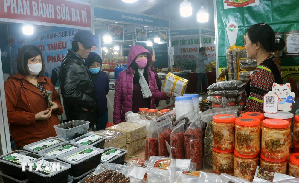 Người dân tham quan, mua sắm tại các gian hàng trưng bày, giới thiệu sản phẩm tại triển lãm, quảng bá, giới thiệu về tiềm năng, cơ hội kết nối giữa Hà Nội, Hà Nam và các tỉnh thuộc vùng kinh tế trọng điểm Bắc Bộ. (Ảnh: Đại Nghĩa/TTXVN)