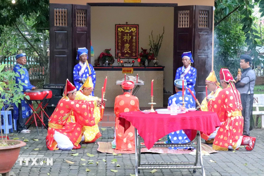 Thực hiện nghi thức tế Thần Nông tại Lễ hội Kỳ Yên Thượng Điền Đình Thần Tân An. (Ảnh: Trung Kiên/TTXVN)