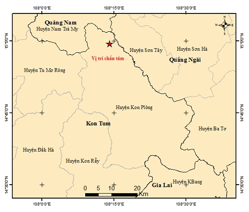 Bản đồ chấn tâm trận động đất vừa xảy ra tại huyện Kon Plông. (Nguồn: Viện Vật lý Địa cầu)