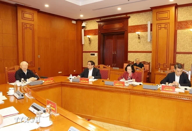 Tổng Bí thư Nguyễn Phú Trọng chủ trì phiên họp đầu tiên Tiểu ban Nhân sự Đại hội XIV của Đảng ngày 13/3/2024. (Ảnh: Trí Dũng/TTXVN)