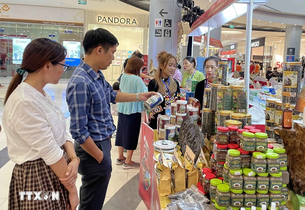 Khách tham quan mua sắm tại hội chợ xúc tiến thương mại nông nghiệp, sản phẩm OCOP Hà Nội 2023. (Ảnh: Trần Việt/TTXVN)