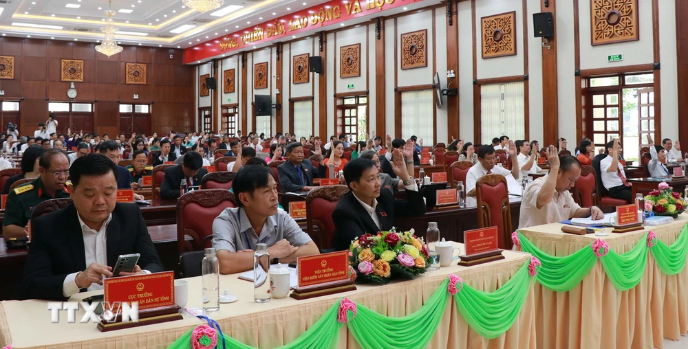 Các đại biểu biểu quyết bãi nhiệm chức vụ Trưởng ban Dân tộc Hội đồng Nhân dân tỉnh Gia Lai. (Ảnh: Hồng Điệp/ TTXVN)