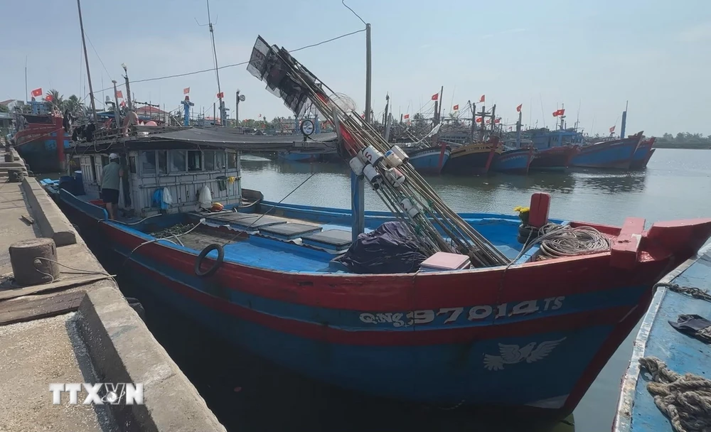 Một số tàu cá của ngư dân Quảng Ngãi phải nằm bờ do máy Icom VX-1700 bị hư, mất nên không được nhận hỗ trợ nhiên liệu. (Ảnh: Đinh Hương/TTXVN)