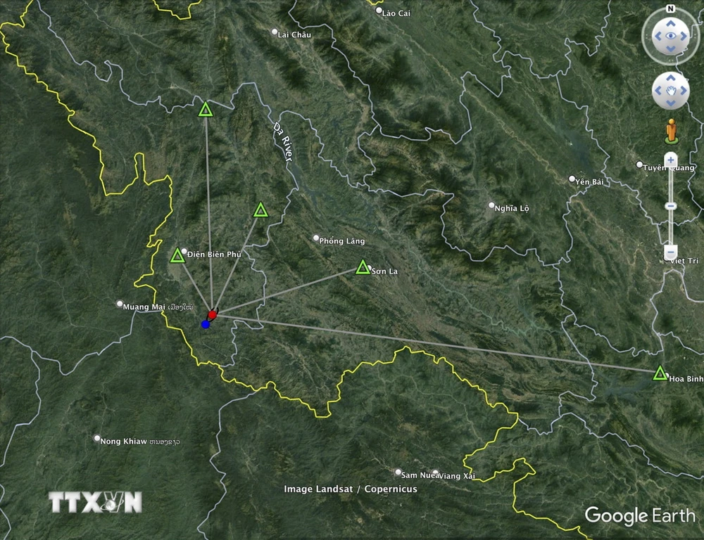 Vị trí tâm chấn xảy ra trận động đất độ lớn 4.5 tại tỉnh Điện Biên. (Ảnh: TTXVN phát)