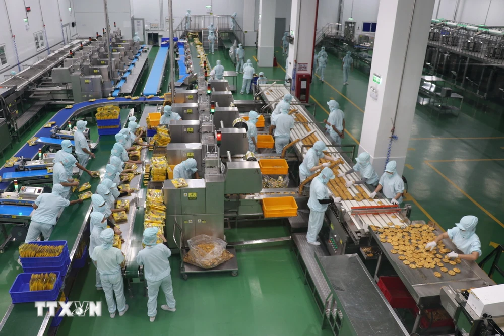 Công nhân nhà máy Want Want Việt Nam làm việc trong dây chuyền sản xuất hiện đại theo công nghệ Nhật Bản tại Khu công nghiệp Long Giang (Tiền Giang). (Ảnh: Lâm Nguyên/TTXVN)