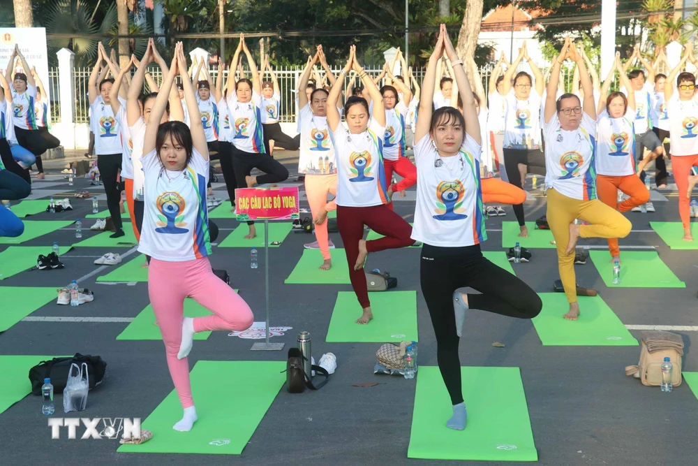 Đồng diễn bài tập Yoga tại Công viên Văn Miếu, thành phố Cao Lãnh. (Ảnh: Nguyễn Văn Trí/TTXVN)