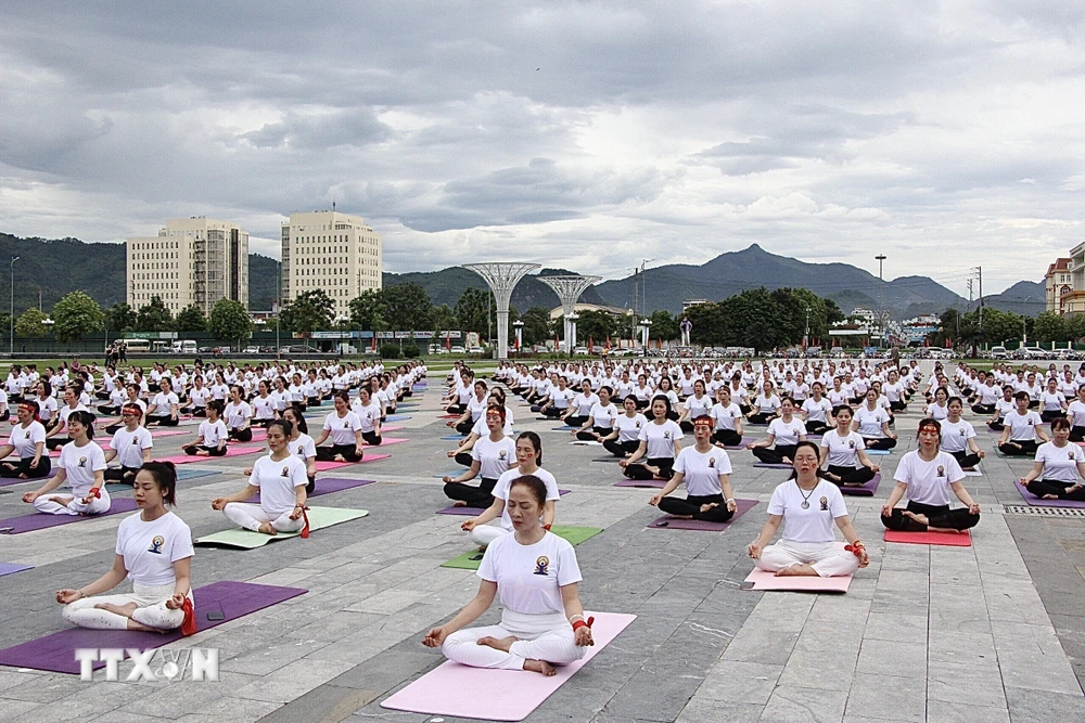 Các Yogi (người tập luyện Yoga) trình diễn tại quảng trường Hoà Bình. (Ảnh: Trọng Đạt/TTXVN)