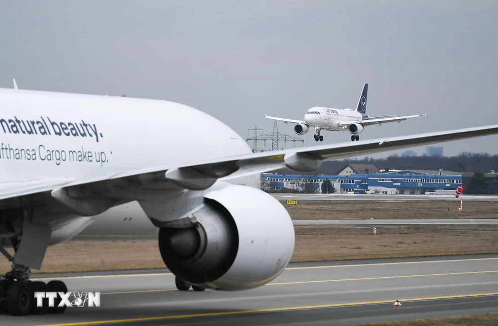 Máy bay của hãng hàng không Lufthansa hạ cánh xuống sân bay Frankfurt, Đức. (Ảnh: THX/TTXVN)