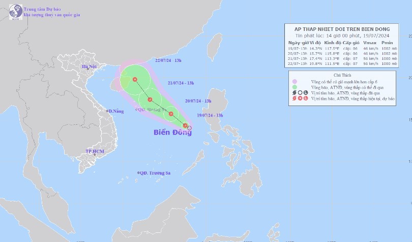 Hình ảnh vị trí và đường đi của áp thấp nhiệt đới. (Nguồn: Trung tâm Dự báo Khí tượng Thủy văn Trung ương)