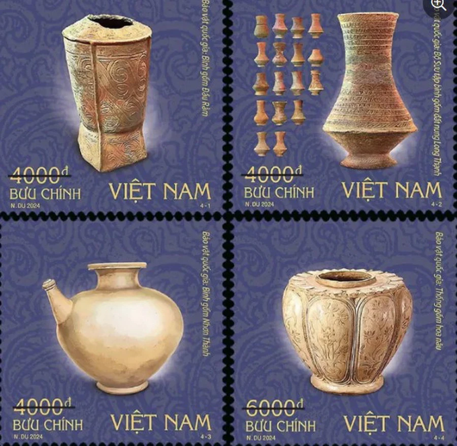 Bộ tem "Bảo vật quốc gia (bộ 3): Đồ gốm", là bộ thứ ba trong chuỗi tem chủ đề Bảo vật Quốc gia Việt Nam. (Ảnh: Ban Tem bưu chính - Vietnam Post)