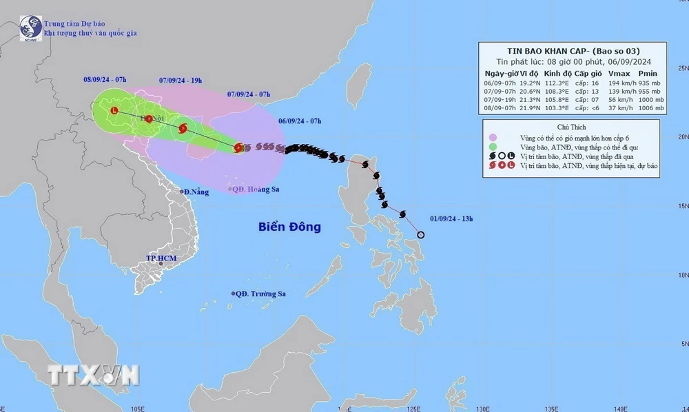 Bản đồ đường đi của Bão số 3, lúc 7h ngày 6/9/2024. (Ảnh: TTXVN phát)