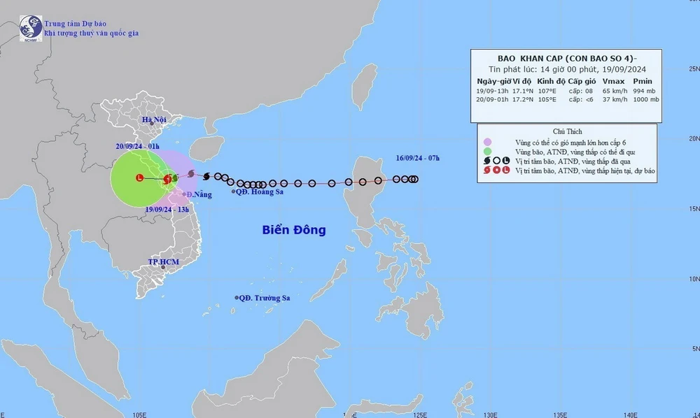 Đường đi của bão số 4 lúc 13 giờ ngày 19/9/2024. (Ảnh: TTXVN phát)