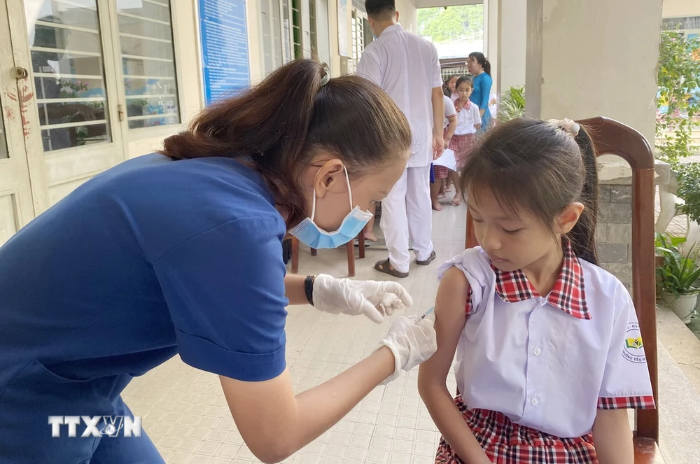 Học sinh Trường tiểu học Tam Hòa (thành phố Biên Hòa, Đồng Nai) được nhân viên y tế tới tận trường học tiêm vaccine sởi. (Ảnh: Lê Xuân/TTXVN)