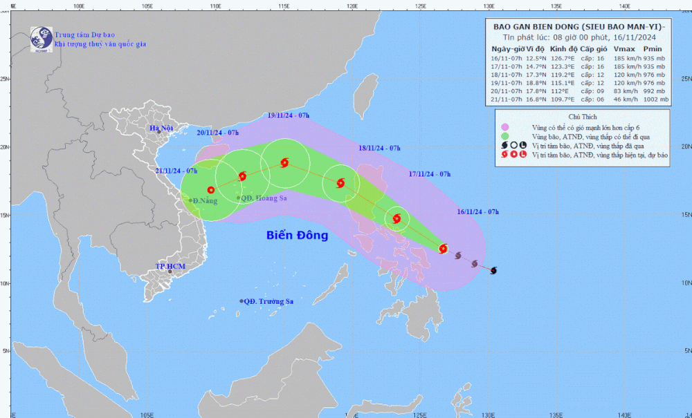 Hình ảnh đường đi và vị trí của bão Man-yi. (Nguồn: Trung tâm Dự báo Khí tượng Thủy văn Quốc gia)