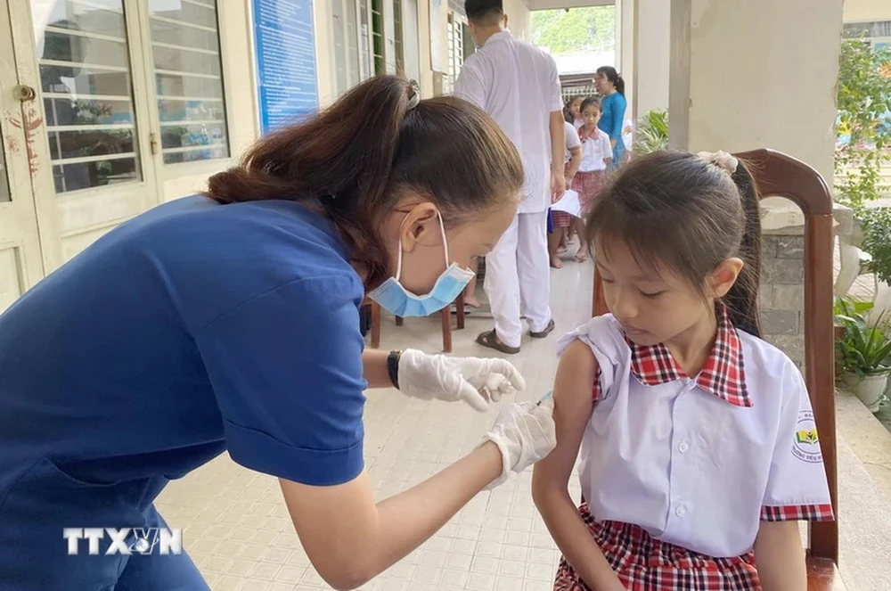 Học sinh Trường tiểu học Tam Hòa (thành phố Biên Hòa, Đồng Nai) được nhân viên y tế tới tận trường học tiêm vaccine sởi. (Ảnh: Lê Xuân/TTXVN)