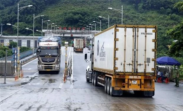 Các xe container chở thanh long xuất khẩu sang Trung Quốc qua cửa khẩu quốc tế đường bộ số II Kim Thành. (Ảnh: Quốc Khánh/TTXVN)