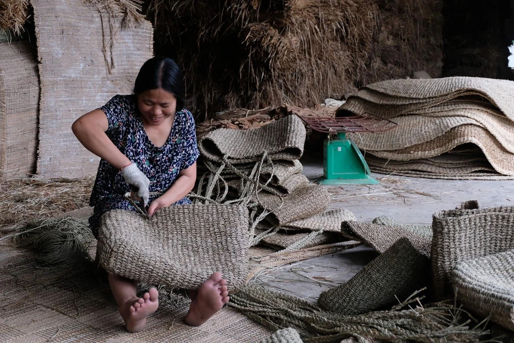Người thợ (Nga Sơn, Thanh Hóa) đang đan sản phẩm cói xuất khẩu tại Doanh nghiệp tư nhân Sản xuất kinh doanh xuất khẩu Việt Trang. (Ảnh: CTV/Vietnam+)