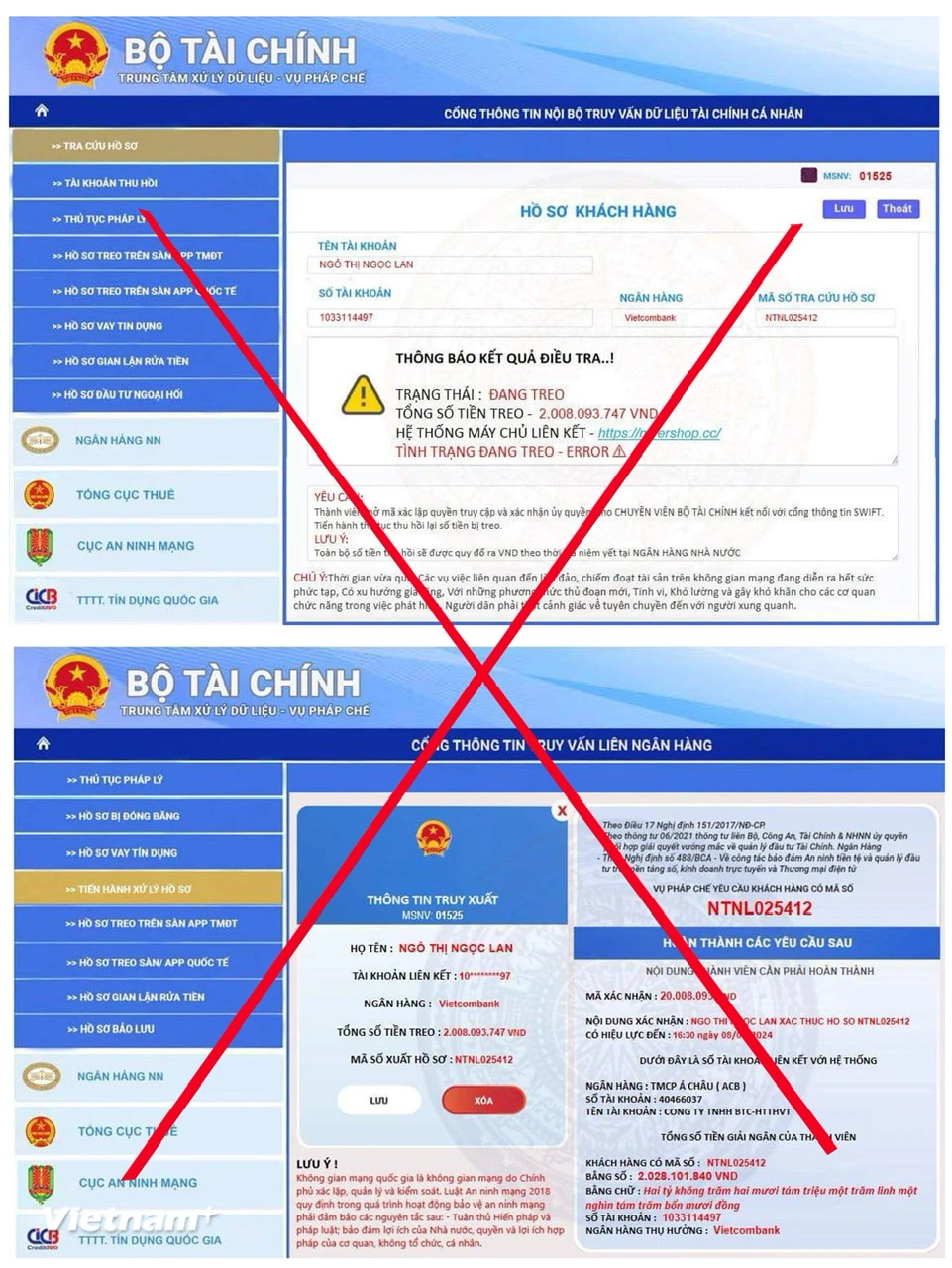 Đối tượng lừa đảo giả mạo trang Website của Bộ Tài chính. (Ảnh: Vietnam+)