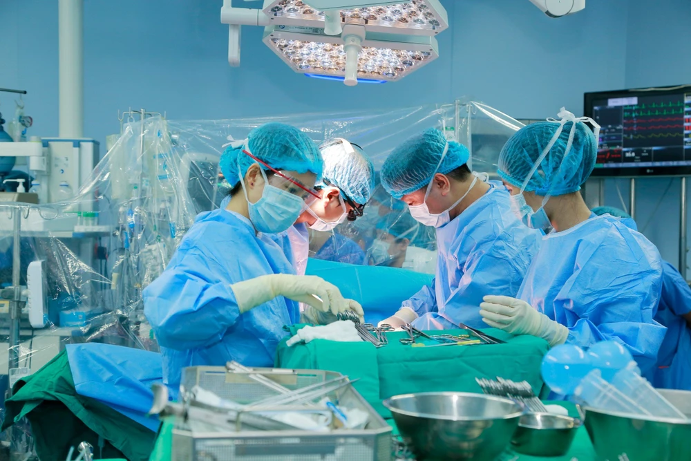 Các bác sỹ Bệnh viện Trung ương Quân đội 108 thực hiện một ca ghép gan. (Ảnh: PV/Vietnam+)