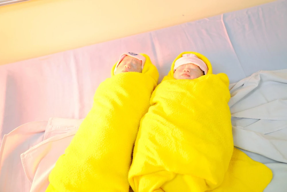 Hai bé gái song sinh nặng 1800gram ở tuổi thai 34 tuần. (Ảnh: PV/Vietnam+)