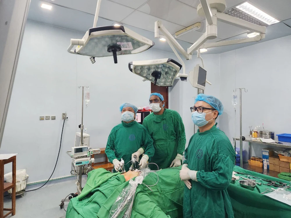 Các bác sĩ nước ngoài đã được theo dõi trực tiếp các ca mổ thị phạm cùng Phó giáo sư Trần Ngọc Lương - Nguyên Giám đốc Bệnh viện Nội tiết Trung ương thực hiện. (Ảnh: PV/Vietnam+)