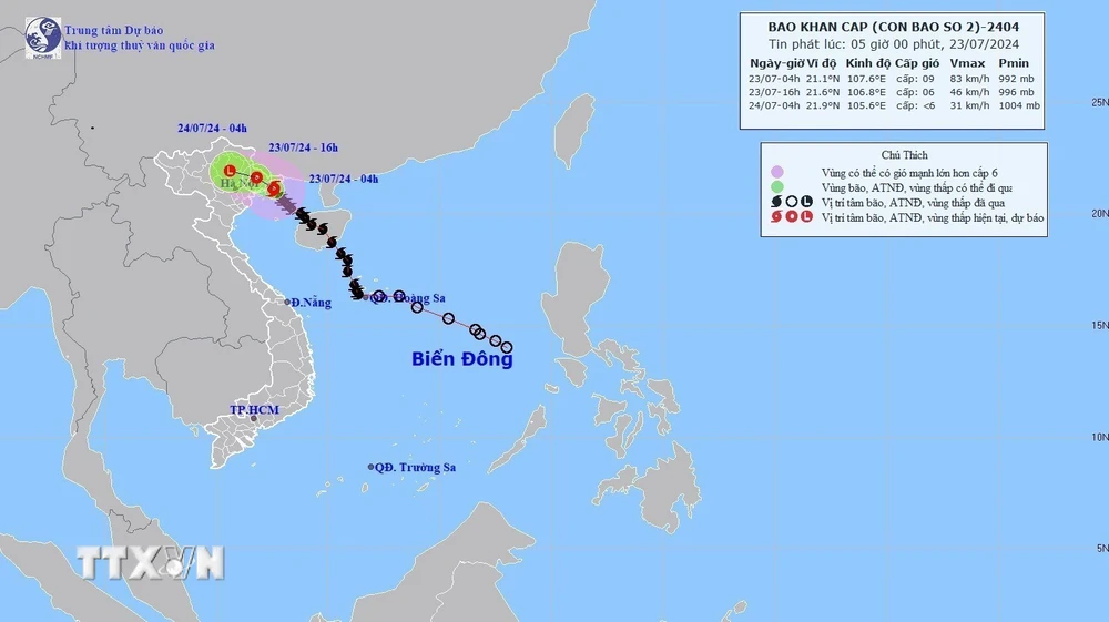 Hướng di chuyển của bão số 2. (Ảnh: TTXVN)