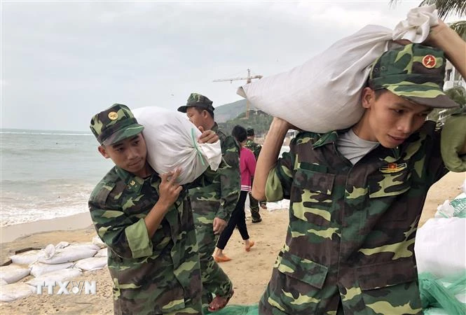 Lực lượng vũ trang tại tỉnh Bình Định vận chuyển bao tải cát giúp người dân xã Nhơn Hải, thành phố Quy Nhơn gia cố nhà cửa chống bão số 6. (Ảnh: Nguyên Linh/TTXVN)
