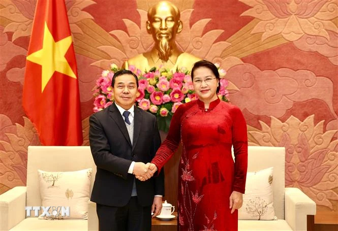 Chủ tịch Quốc hội Nguyễn Thị Kim Ngân tiếp Đại sứ Lào tại Việt Nam Sengphet Houngboungnuang đến chào xã giao. (Ảnh: Dương Giang/TTXVN)