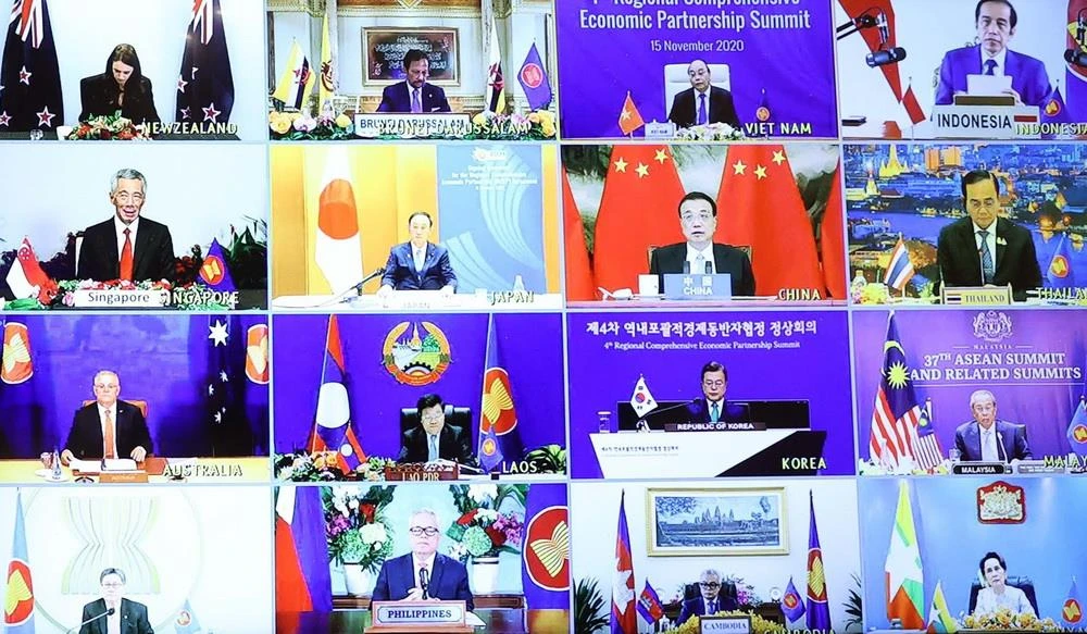 Hội nghị Cấp cao Hiệp định Đối tác Kinh tế Toàn diện Khu vực (RCEP) lần thứ 4 theo hình thức trực tuyến (Ảnh: Vietnam+)