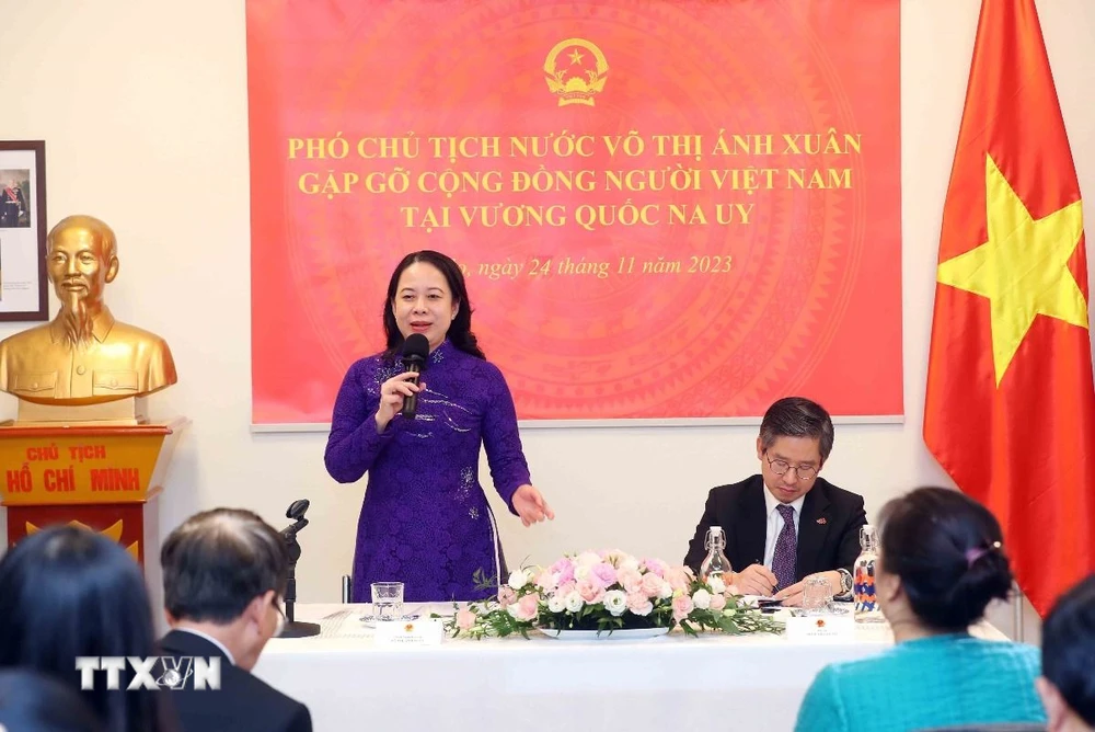 Phó Chủ tịch nước Võ Thị Ánh Xuân phát biểu tại buổi gặp. (Ảnh: An Đăng/TTXVN)