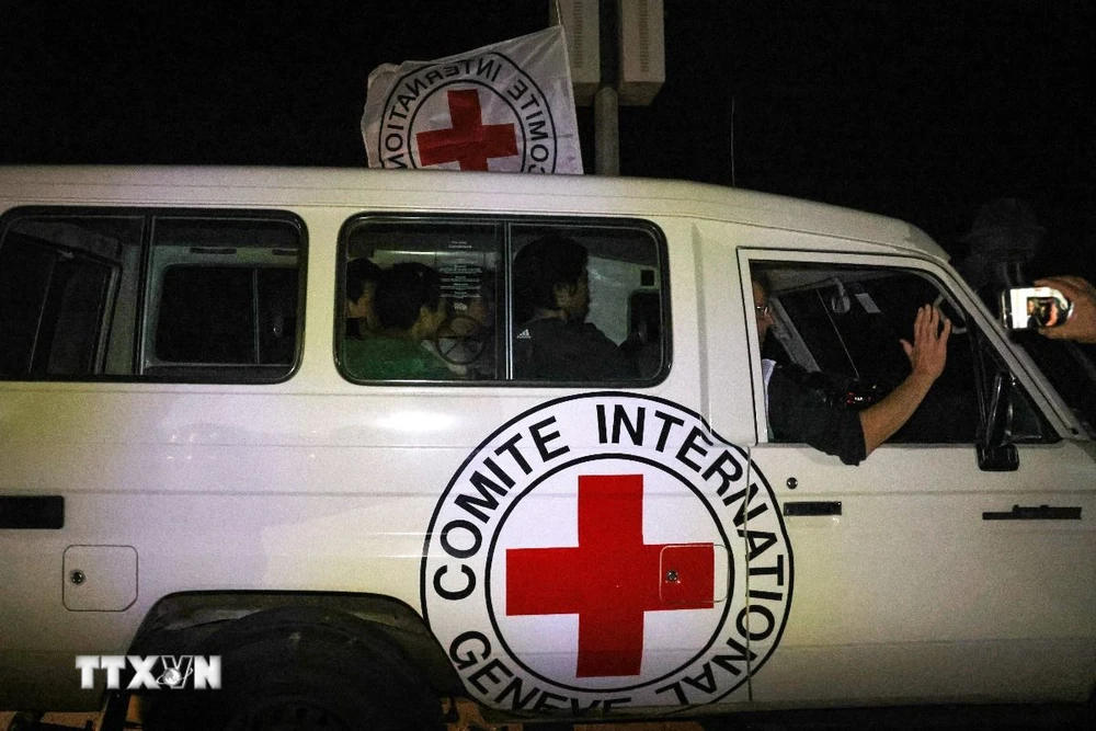 Xe của Hội Chữ thập Đỏ Quốc tế chở những con tin được phóng thích bởi Hamas di chuyển về phía cửa khẩu Rafah để sang Ai Cập trước khi bàn giao cho Israel, tối 25/11. (Ảnh: AFP/TTXVN)