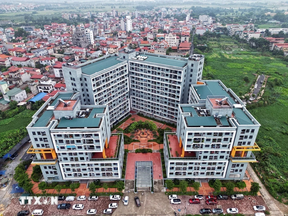 Dự án Nhà ở Xã hội Thăng Long Green City (huyện Đông Anh, Hà Nội) cao 9-12 tầng, bao gồm 1.528 căn hộ để bán, cho thuê và thuê mua. (Ảnh: Tuấn Anh/TTXVN) 