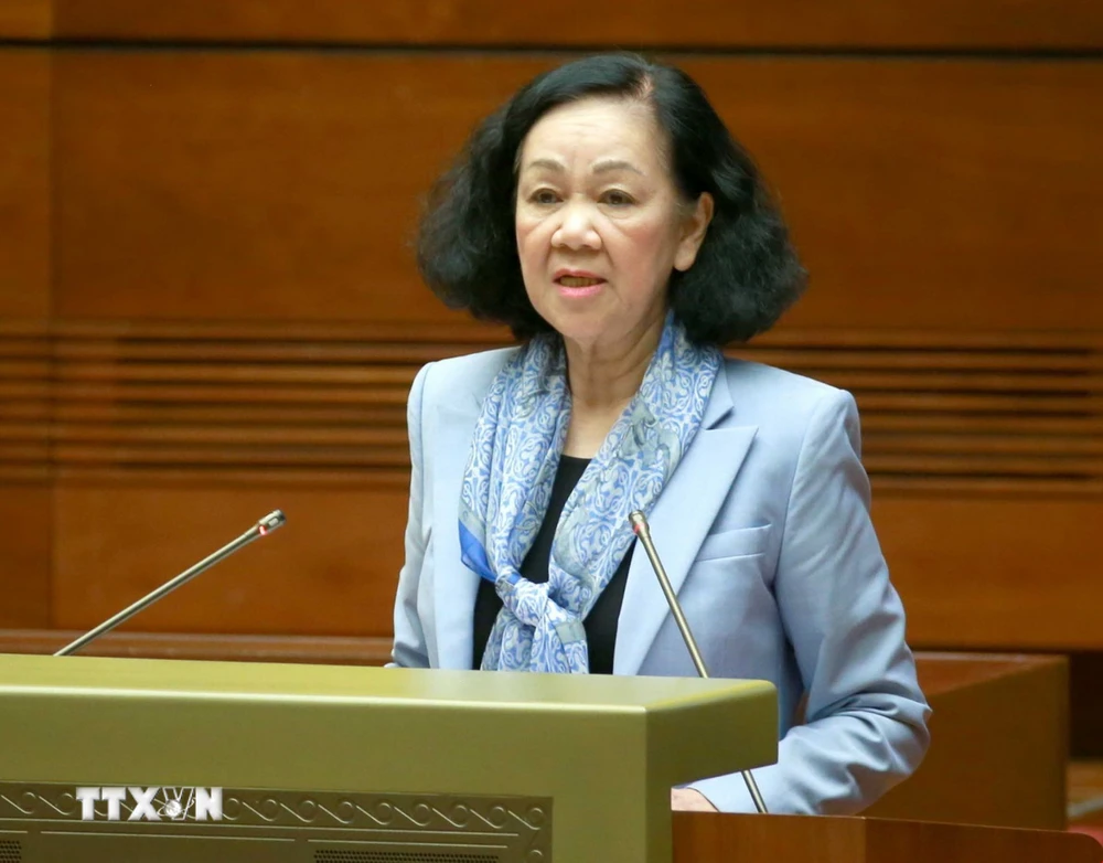 Ủy viên Bộ Chính trị, Thường trực Ban Bí thư, Trưởng Ban Tổ chức Trung ương Trương Thị Mai phát biểu tại hội nghị. (Ảnh: Phương Hoa/TTXVN) 