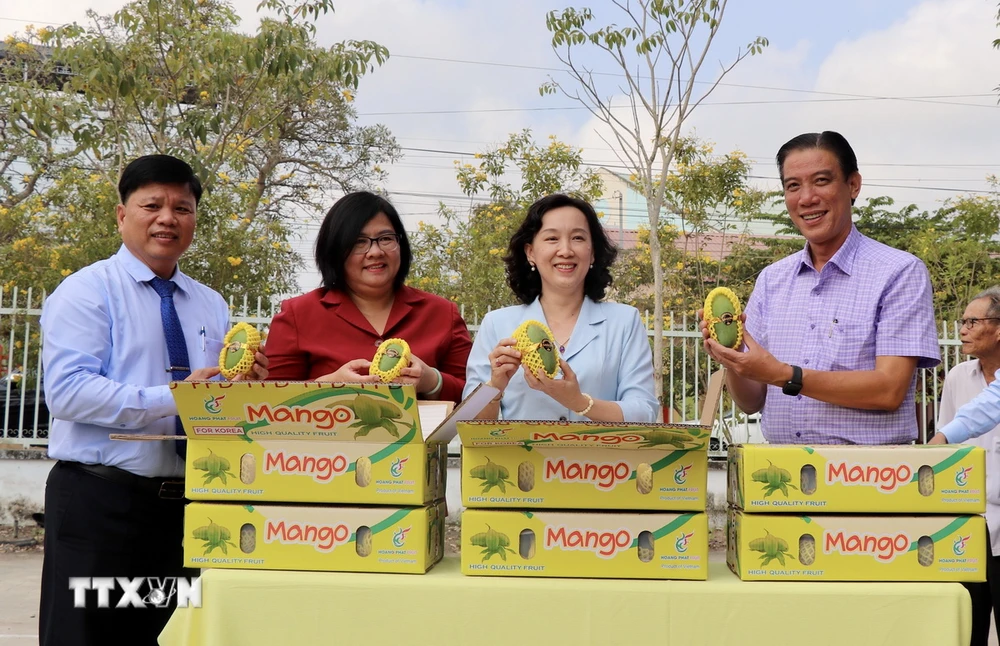 Lãnh đạo tỉnh An Giang đưa lô xoài hạt lép đầu tiên xuất khẩu sang thị trường Hàn Quốc. (Ảnh: Thanh Sang/TTXVN)