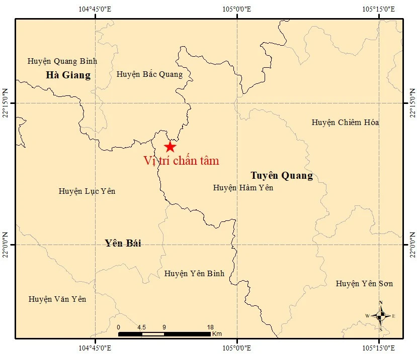 Bản đồ chấn tâm động đất ở Hàm Yên, Tuyên Quang. (Ảnh: Viện Vật lý địa cầu)