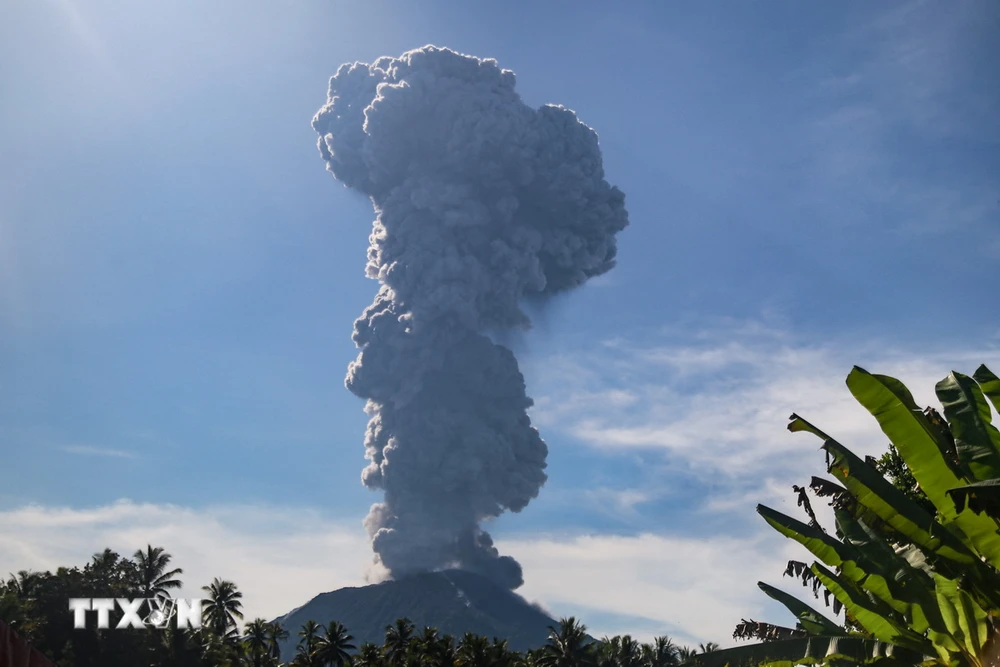 Cột tro bụi phun lên từ miệng núi lửa Ibu ở tỉnh Bắc Maluku, Indonesia. (Ảnh: AFP/TTXVN)