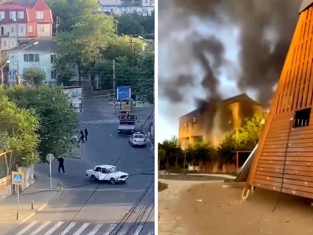 Cảnh tượng nổ súng trên đường phố ở Makhachkala, miền nam nước Nga và những đám khói bốc lên từ một tòa nhà ở Derbent, Nga, hôm 23/6. (Nguồn: Reuters)