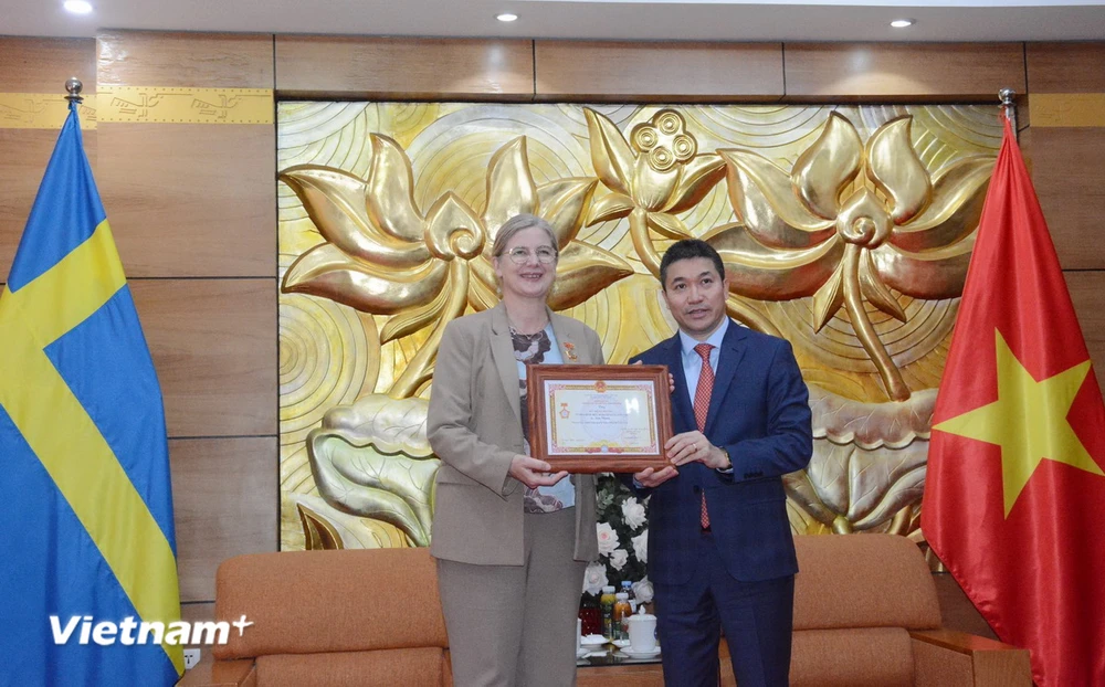 Chủ tịch Liên hiệp các tổ chức hữu nghị Việt Nam Phan Anh Sơn trao Kỷ niệm chương “Vì hòa bình, hữu nghị giữa các dân tộc” tặng Đại sứ Thụy Điển tại Việt Nam Ann Mawe. (Ảnh: CTV/Vietnam+)